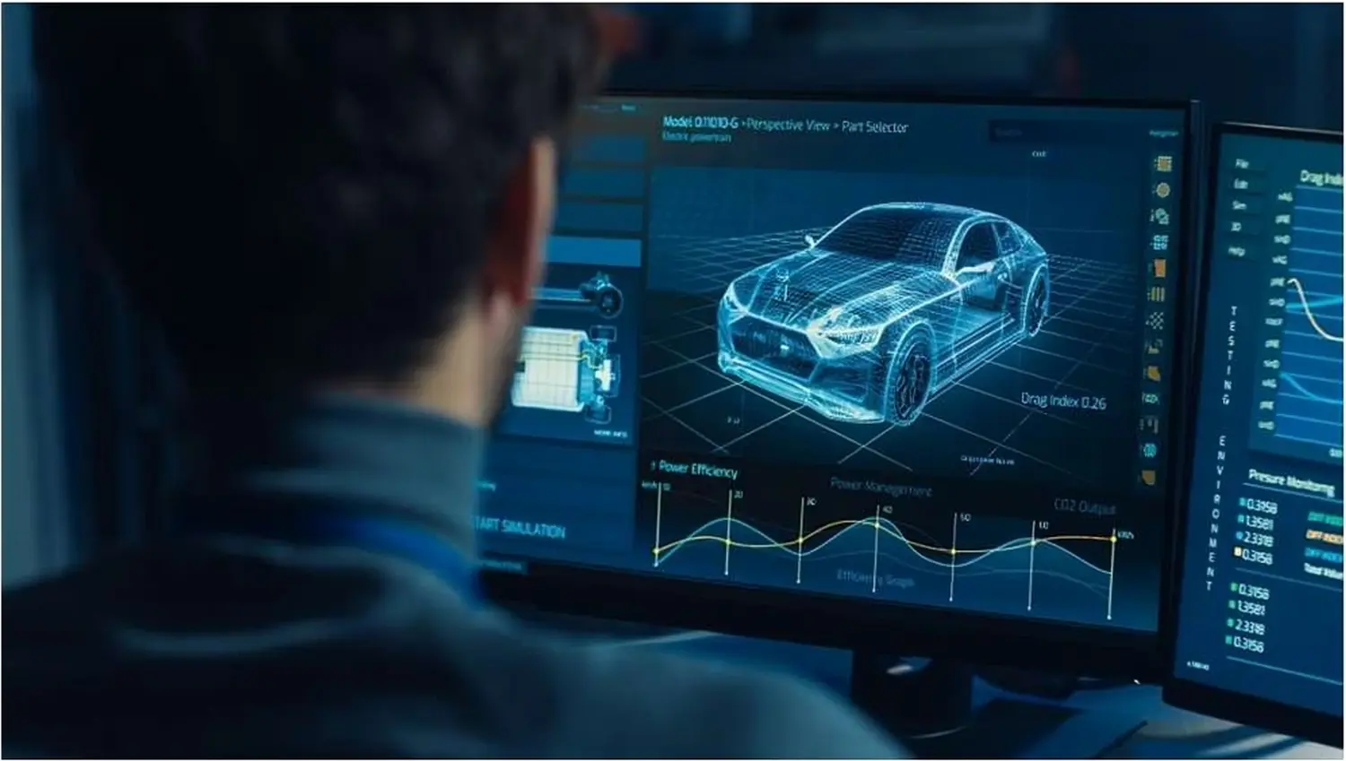 Mann überwacht ein Automodell auf einem Bildschirm von Engineeringandtoold